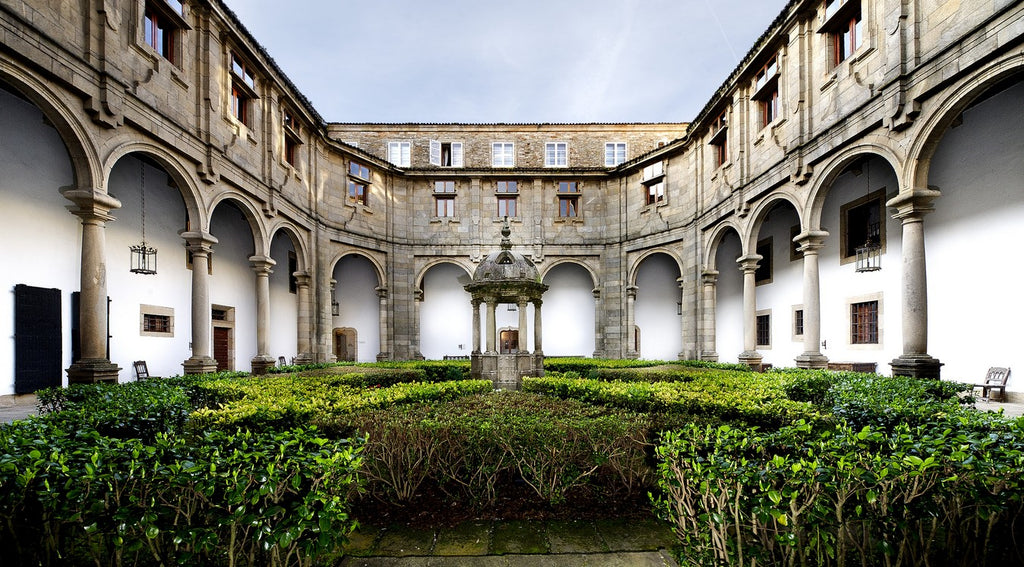 Ancient courtyard a a converted monastery Parador in Spain