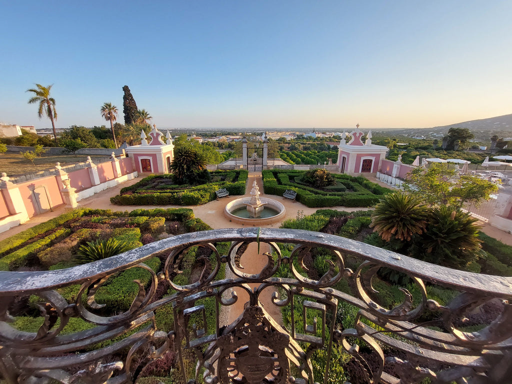 View from the balcony overlooking gardens of the Pousada de Estoi in the Algarve in southern Portugal