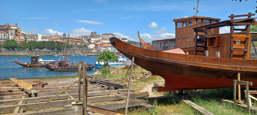 Rabelo douro boat in dock for restoration in Gaia near Porto