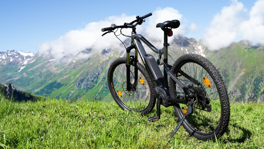Mid motor ebike on a field with mountain views