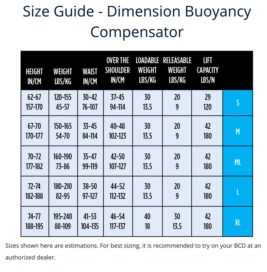 Aqualung Dimension BCD Size Guide