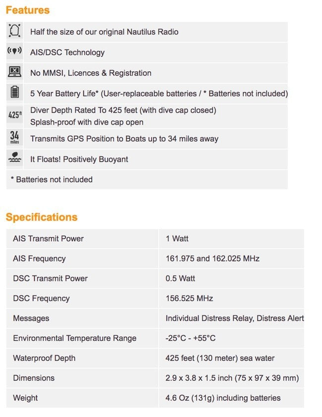 Nautilos Marine Rescua GPS Sepcifications