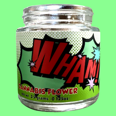 custom wham labeled 3oz glass jar with child resistant lid
