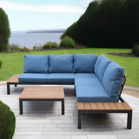 corner lounge with blue cushions