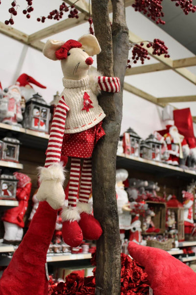 Hanging plush Christmas Mouse in store display