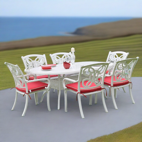 white cast aluminium 6 seater dining set on patio