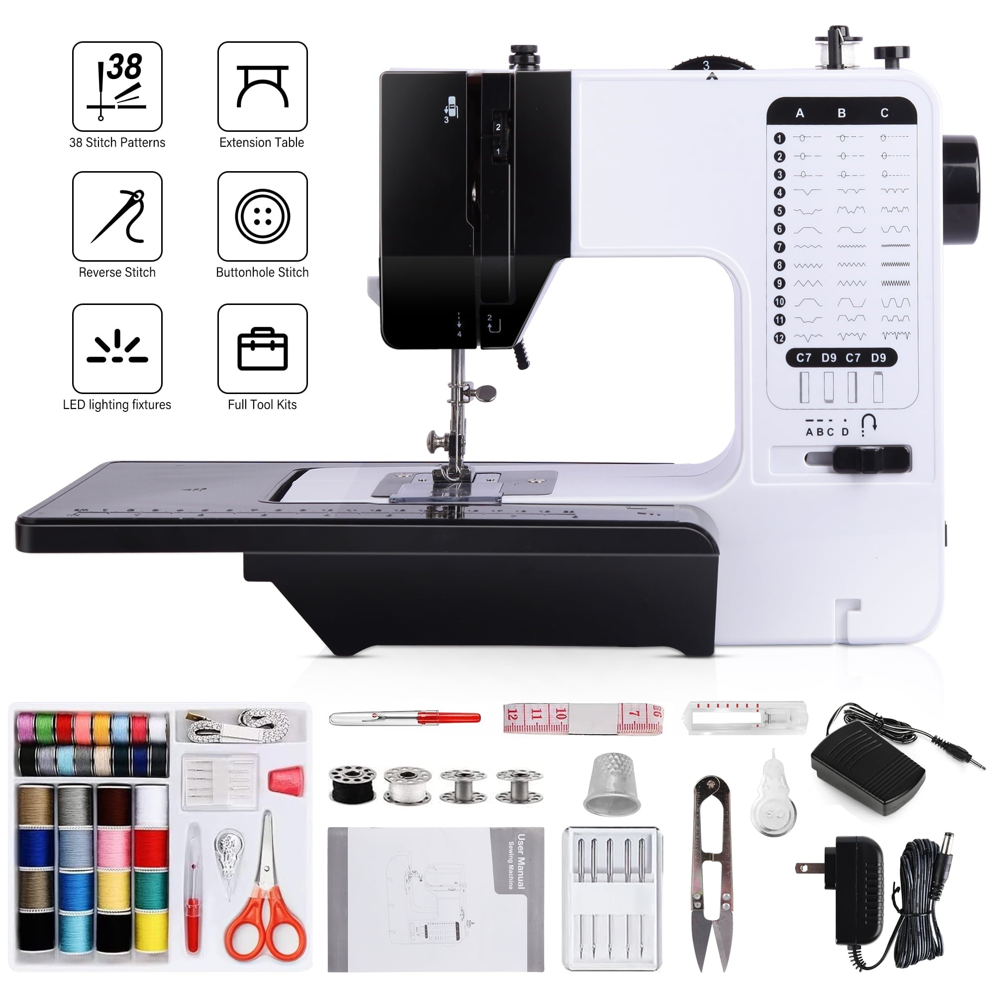 PLUSBRAVO Portable Sewing Machine for Beginners 38 Built-in Stitches with Extension Table &Dual Speed