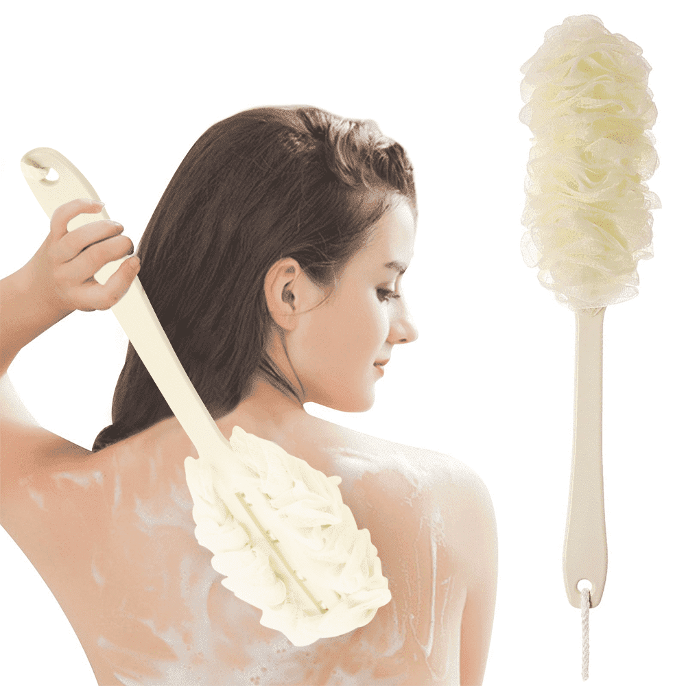 SUPTREE Loofah Back Scrubber Exfoliating Bath Sponge Long Handle Bath Brush for Body Shower White 1pc