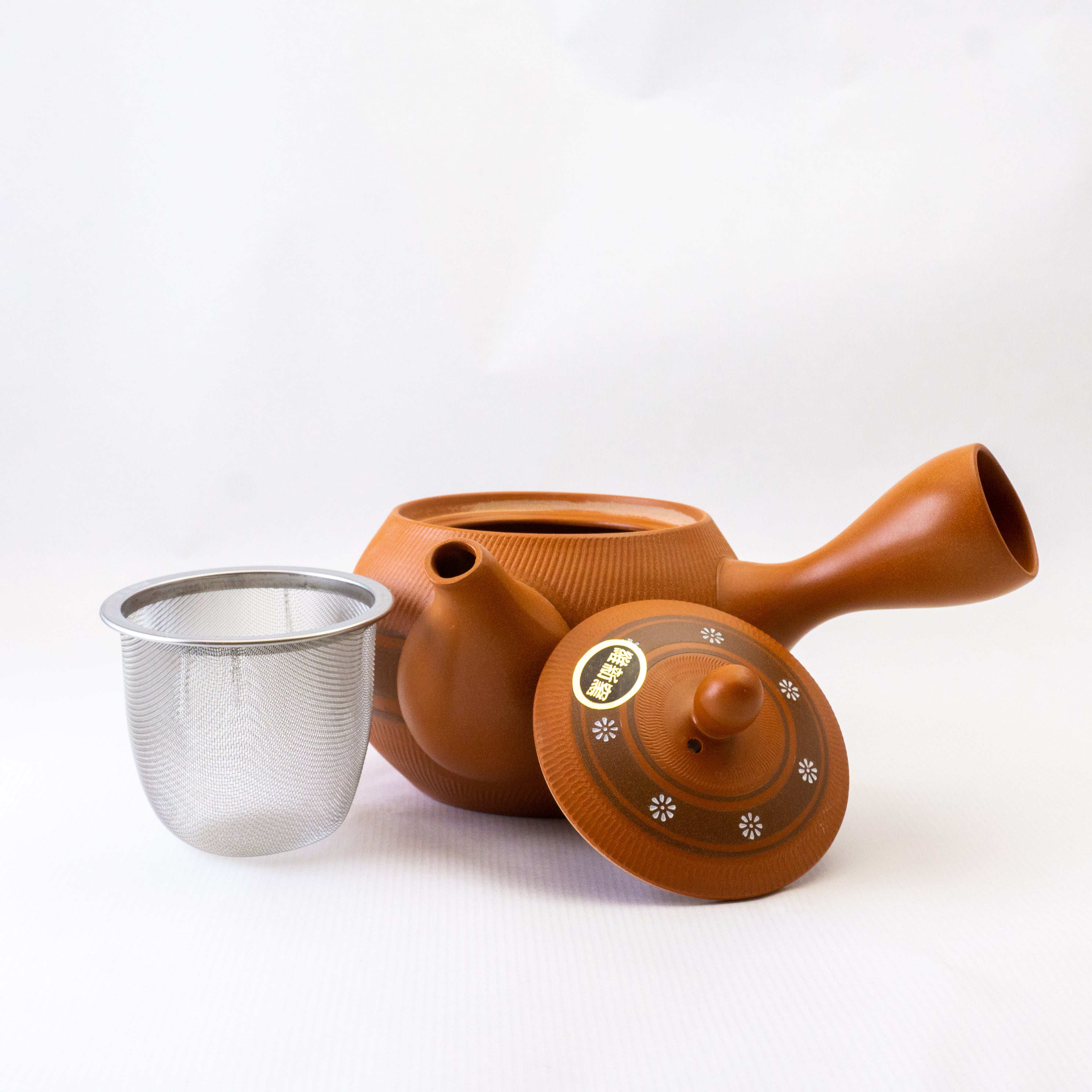 Teiera giapponese Tokoname kyusu in terracotta marrone con motivo di fiori  di ciliegio e montagne, FUJI