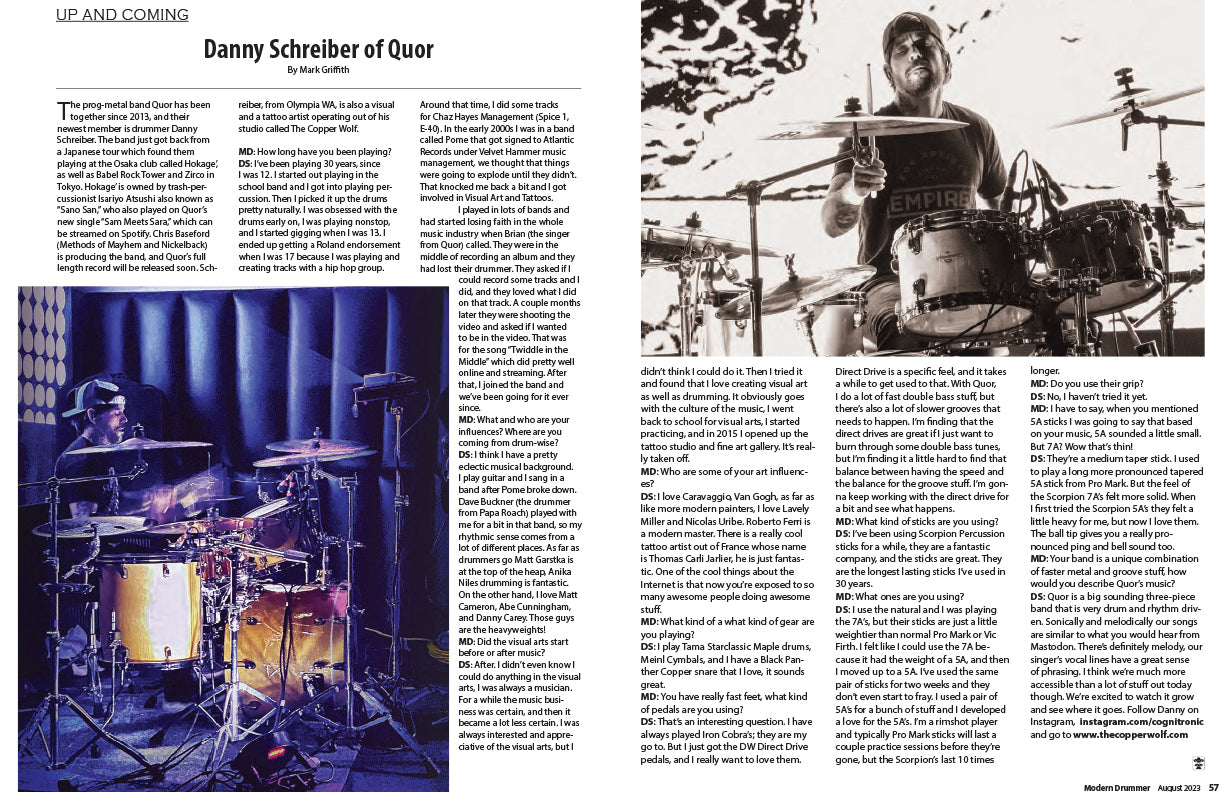 DANNY SCHREIBER - Modern Drummer Magazine Feature - QUOR