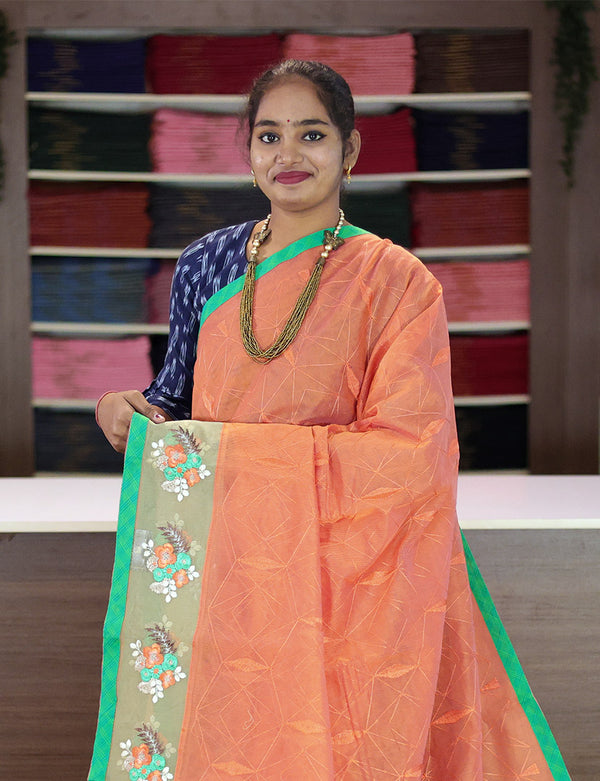 MELON ORANGE WOVEN PURE BRASSO CHIFFON SAREE WITH EMBROIDERED SILK BLO –  zarikaariindia.com