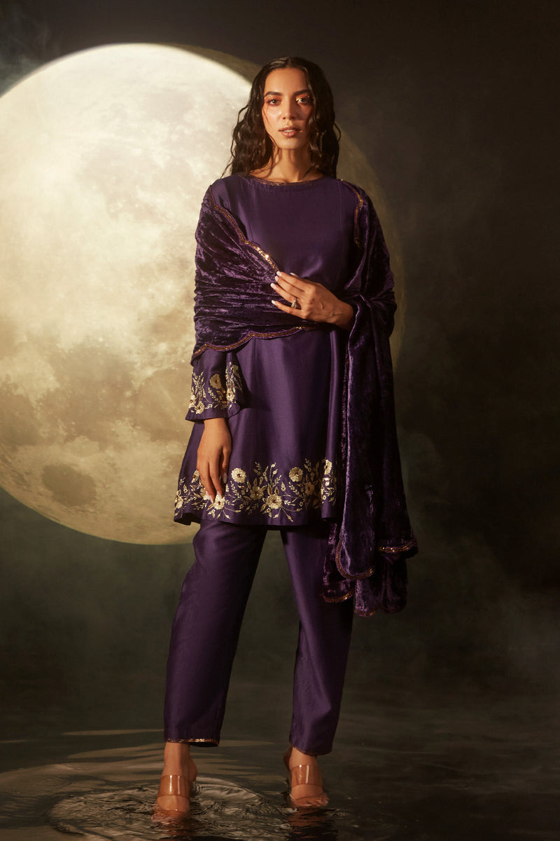 Dohr | Purple short silk chanderi kurta set with velvet shawl ...