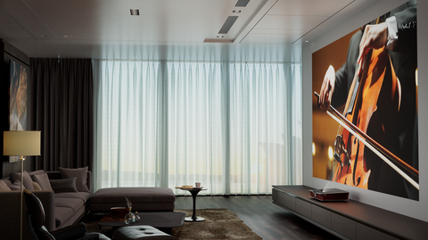 Luxurious home cinema setup featuring the P2000 4K UST Triple Laser Projector, delivering vibrant, lifelike visuals