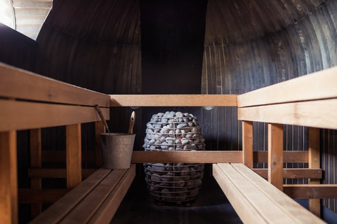 Interior of sauna, heater, and benches