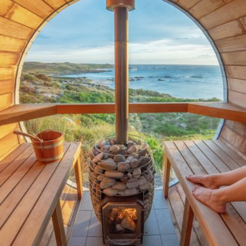 Barrel sauna with outdoor view