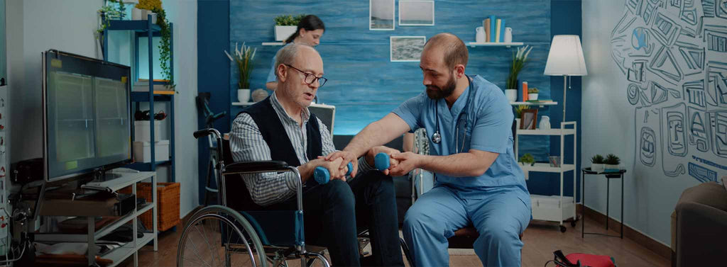 Man assisting an elderly man to exercise.