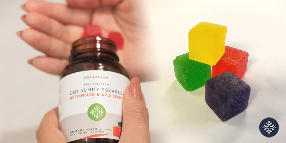 A person holding CBD Gummies and a couple of THC colorful gummies