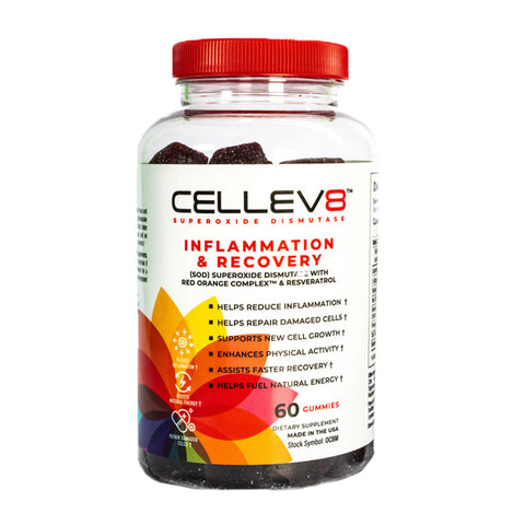 Jar of Cellev8 Inflammation & Recovery Gummies, our favorite Post Workout Gummies