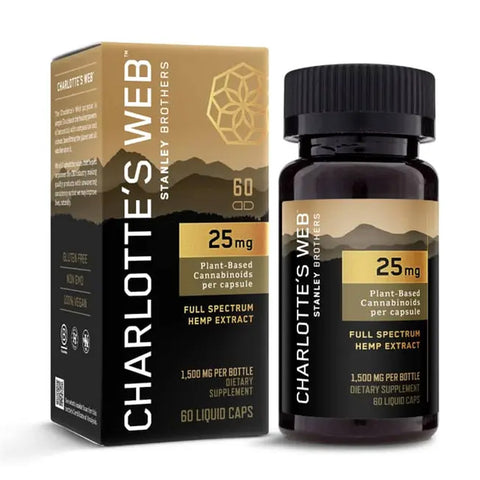 A box and bottle of Charlotte’s Web CBD Oil Capsules