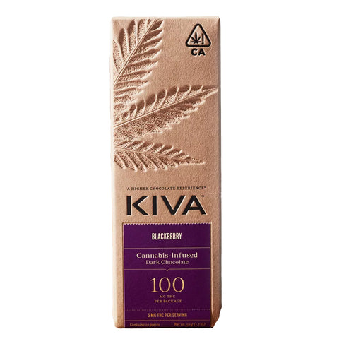 A bar of Kiva THC Infused Blackberry Dark Chocolate