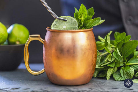 CBD Cocktail Recipe of Moscow Mule in Copper Mug with Lime and Mint Garnish
