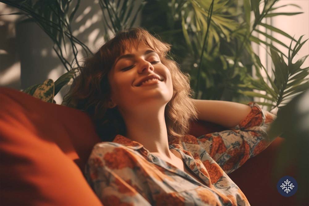 Woman leaning on a couch with a relaxed smile and her ayes closed
