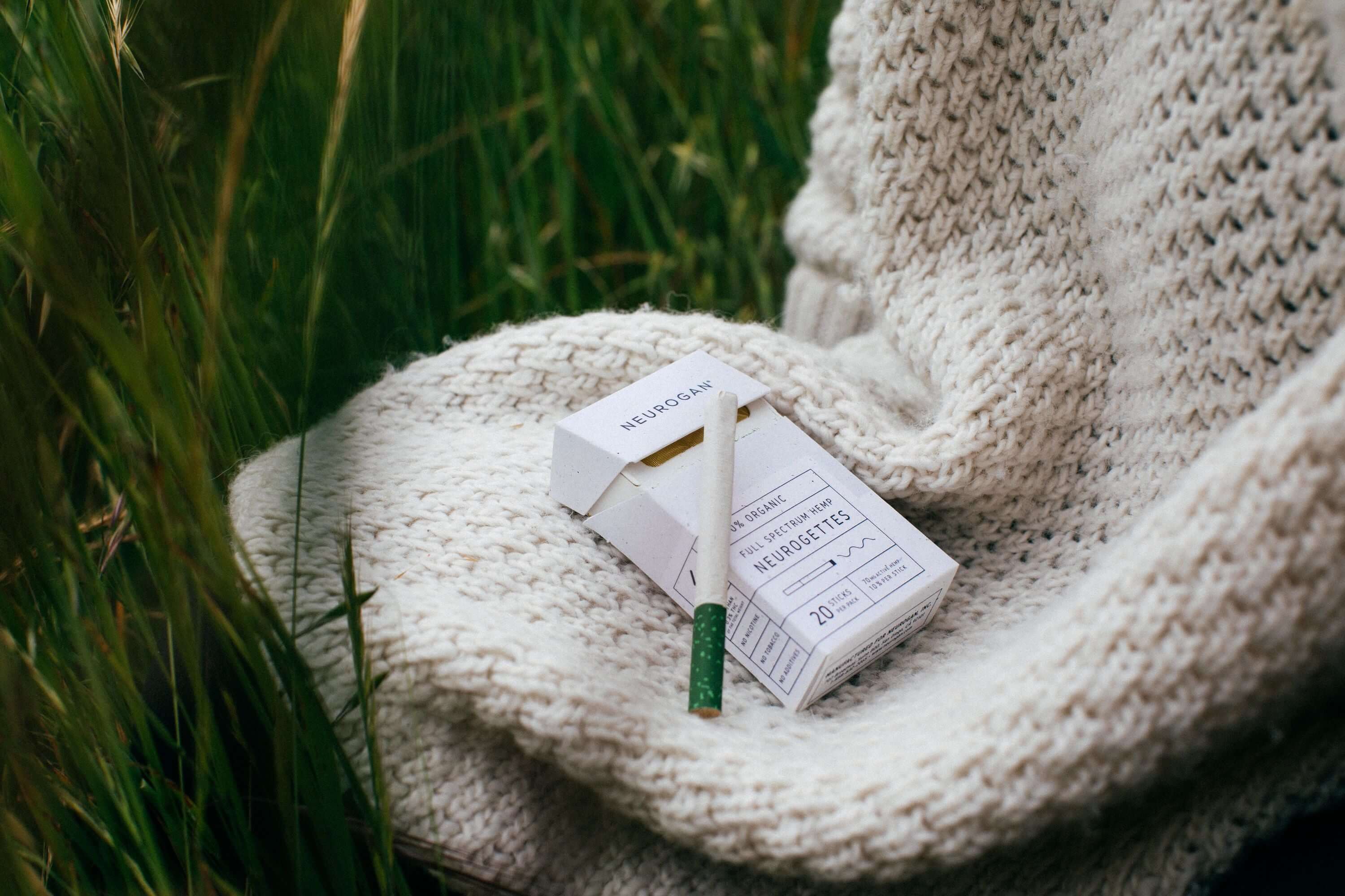 neurogan neurogettes on a blanket with a single hemp cigarette outside the package