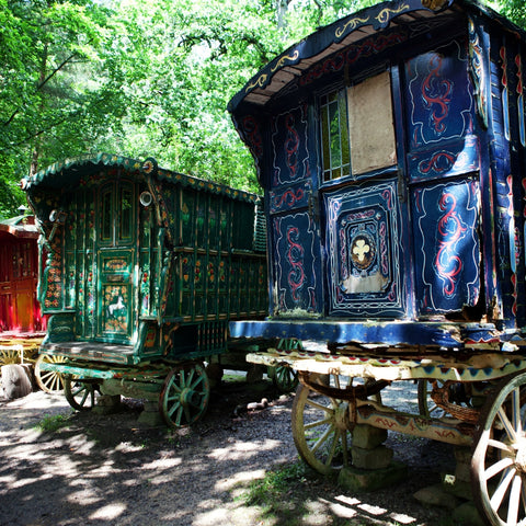 red green and blue gypsy caravans parked in front of green trees