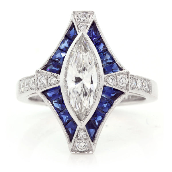 Marquise and blue gemstone and diamond ring