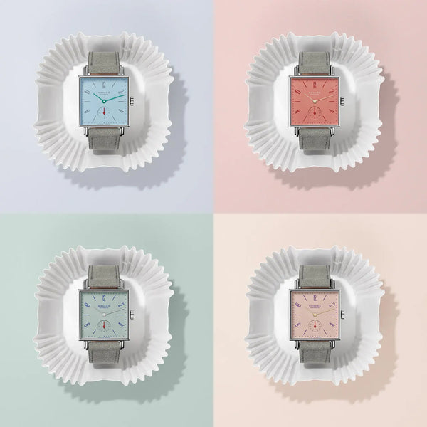 Grenadine Red, Pearl Pink, Matcha Green, and Azure Blue watches