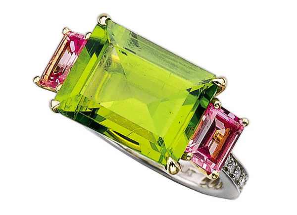 green and pink gemstone right hand ring