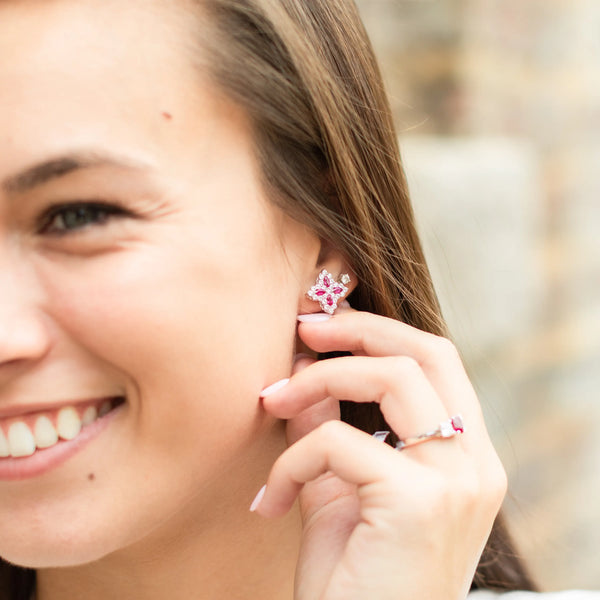 Red gemstone and diamond earring