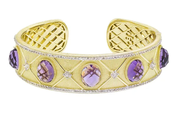 gold bracelet with purple stones