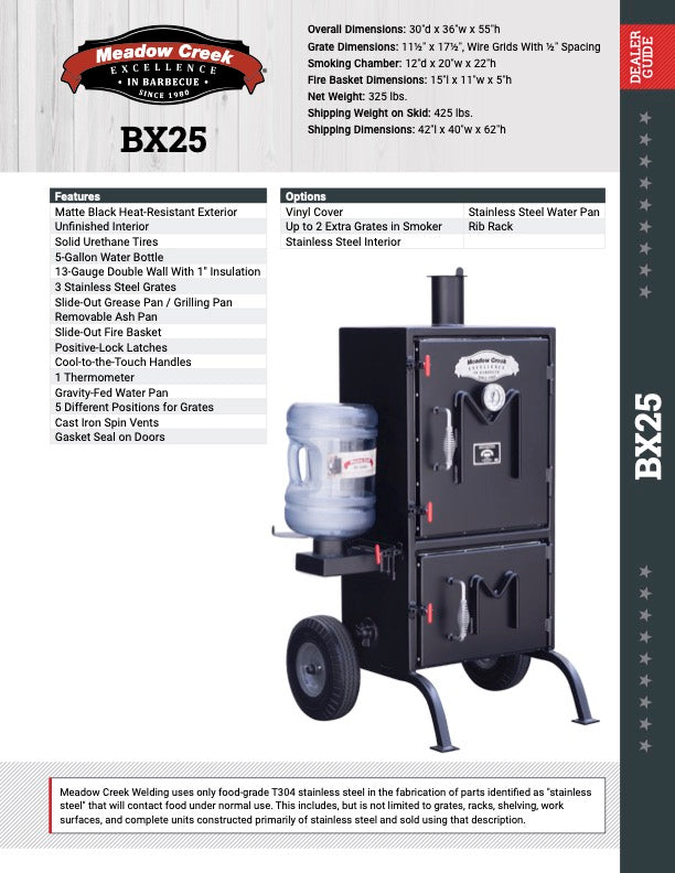 Specification sheet for the Meadow Creek BX25 Box Smoker, featuring dimensions, grate sizes, and various features such as a matte black heat-resistant exterior, solid urethane tires, and a 5-gallon water bottle.