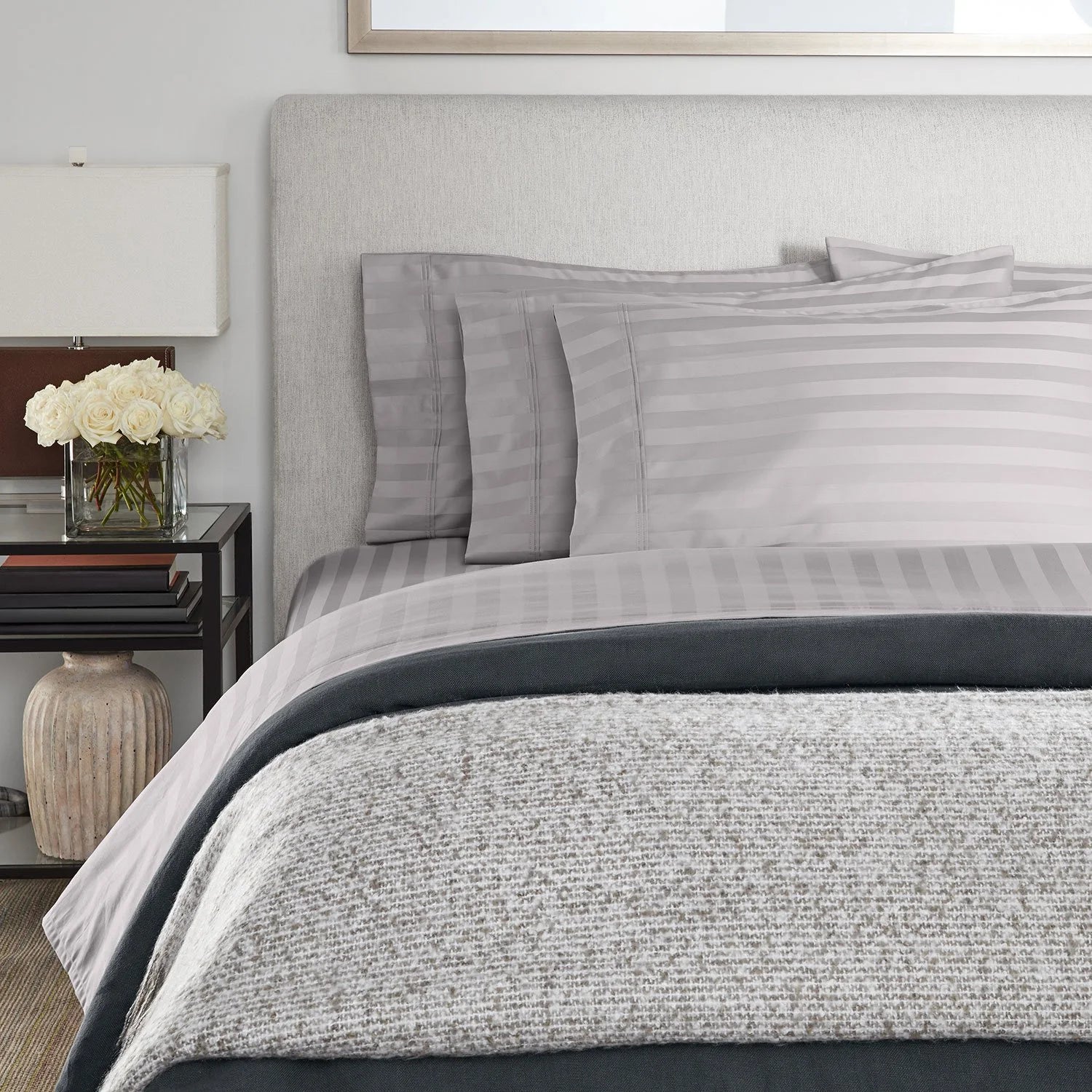 Hotel Premier 700 Thread Ct. Egyptian Cotton Striped 6 Pc Sheet Set, King, Zinc