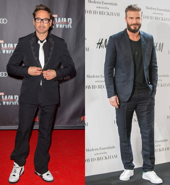 Robert Downey Jr e David Beckham con abito e sneakers