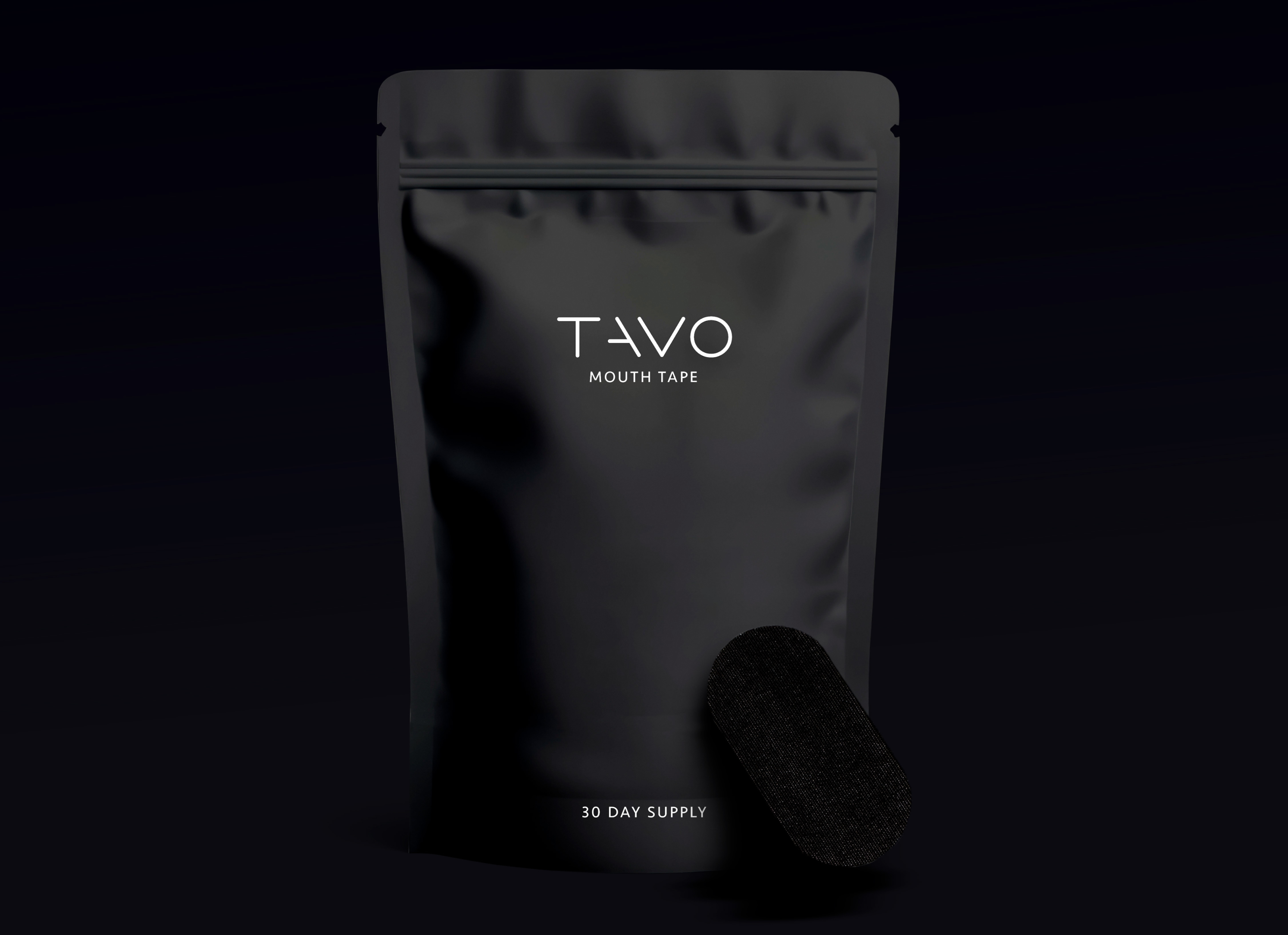 Black pouch labeled 'Tavo Mouth Tape' with black tape beside it.