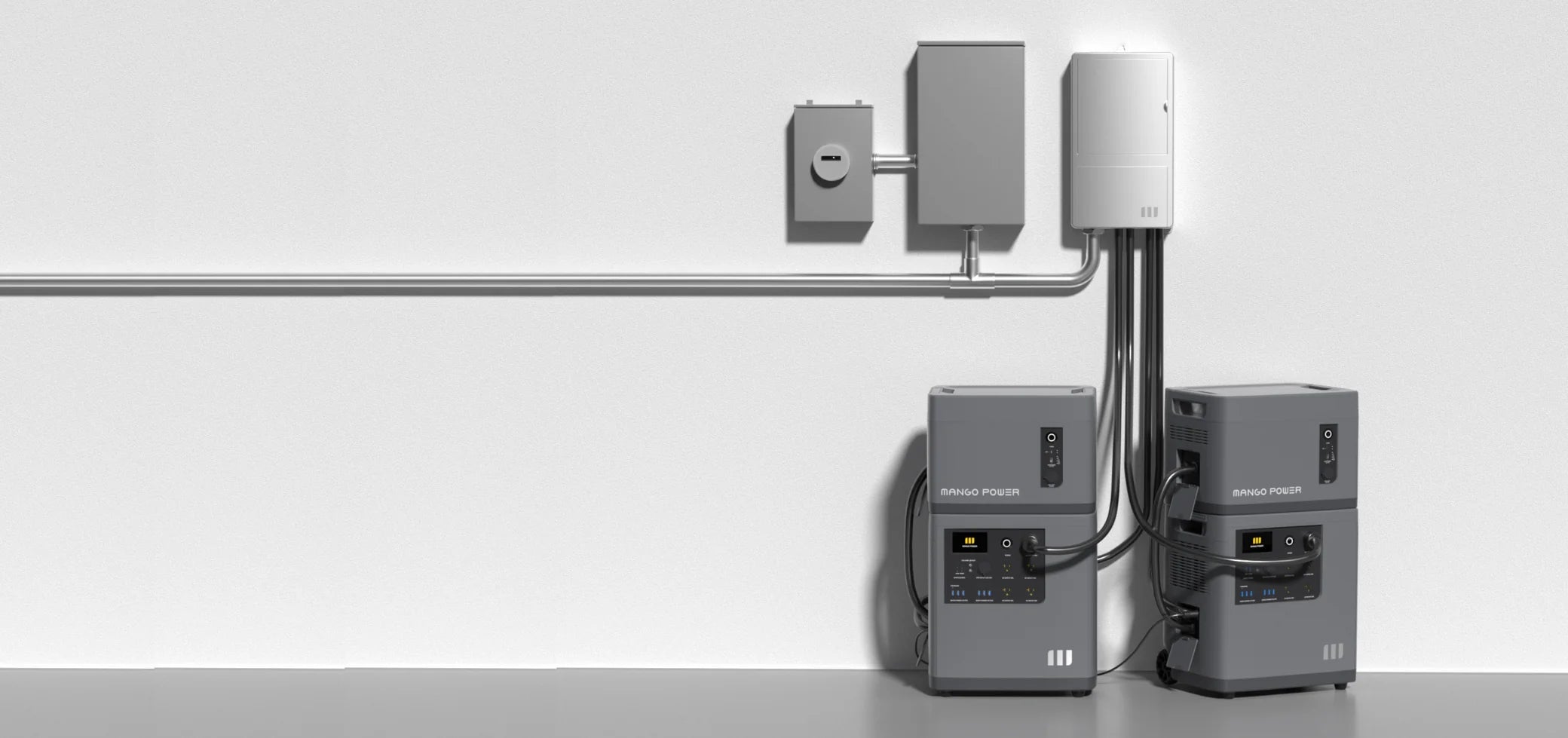 Two Mango Power E 6,000W 7,000Wh 240V Portable Power Stations with LFP battery cells are connected to a wall-mounted panel and a white device via cables and conduit along a white wall, all in a clean indoor space. Brand: Mango Power.