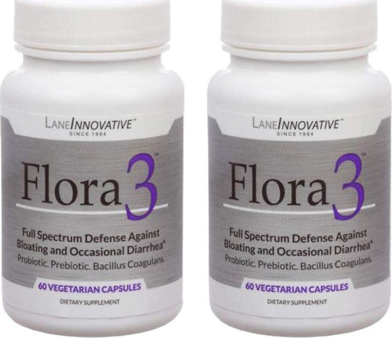 Lane Innovative - Flora3, Full Spectrum Defense Against Gas, Bloating and Occasional Diarrhea, A Probiotic, Prebiotic, and Bacillus Coagulan in One (60 Veggie Caps) | 2-Pack
