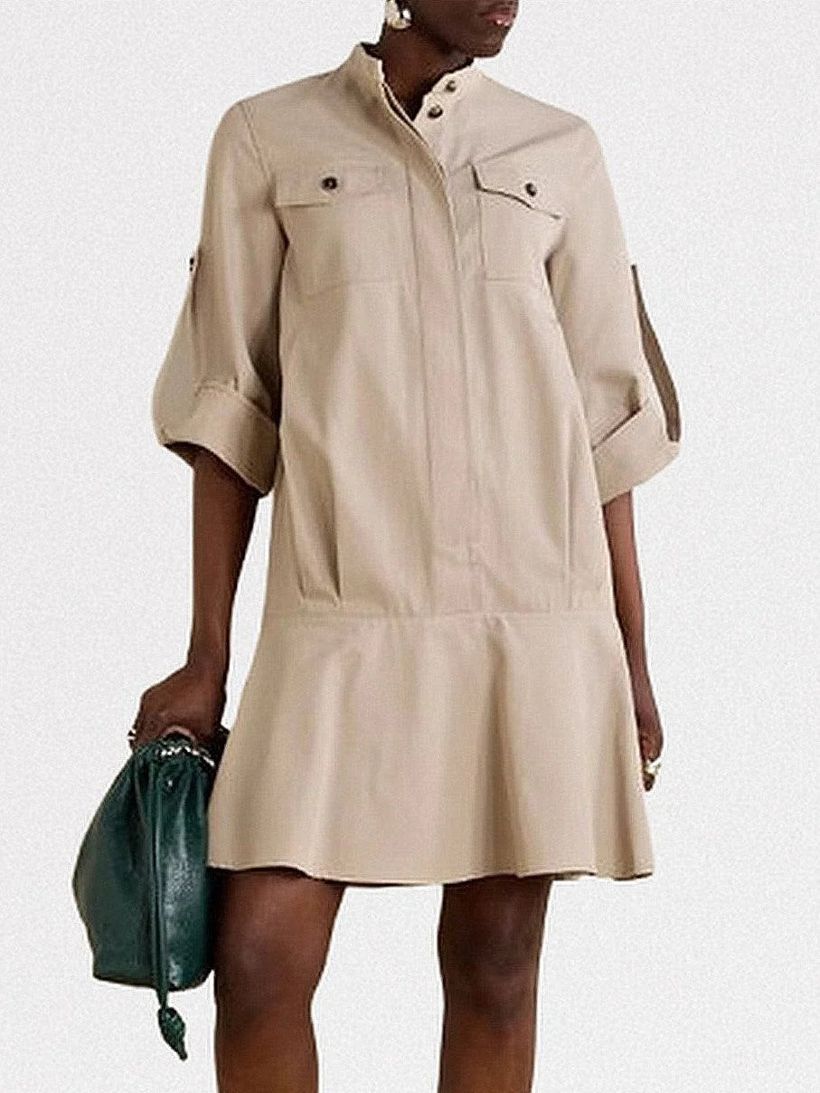 Beige Cotton Twill Mini Shirt Dress