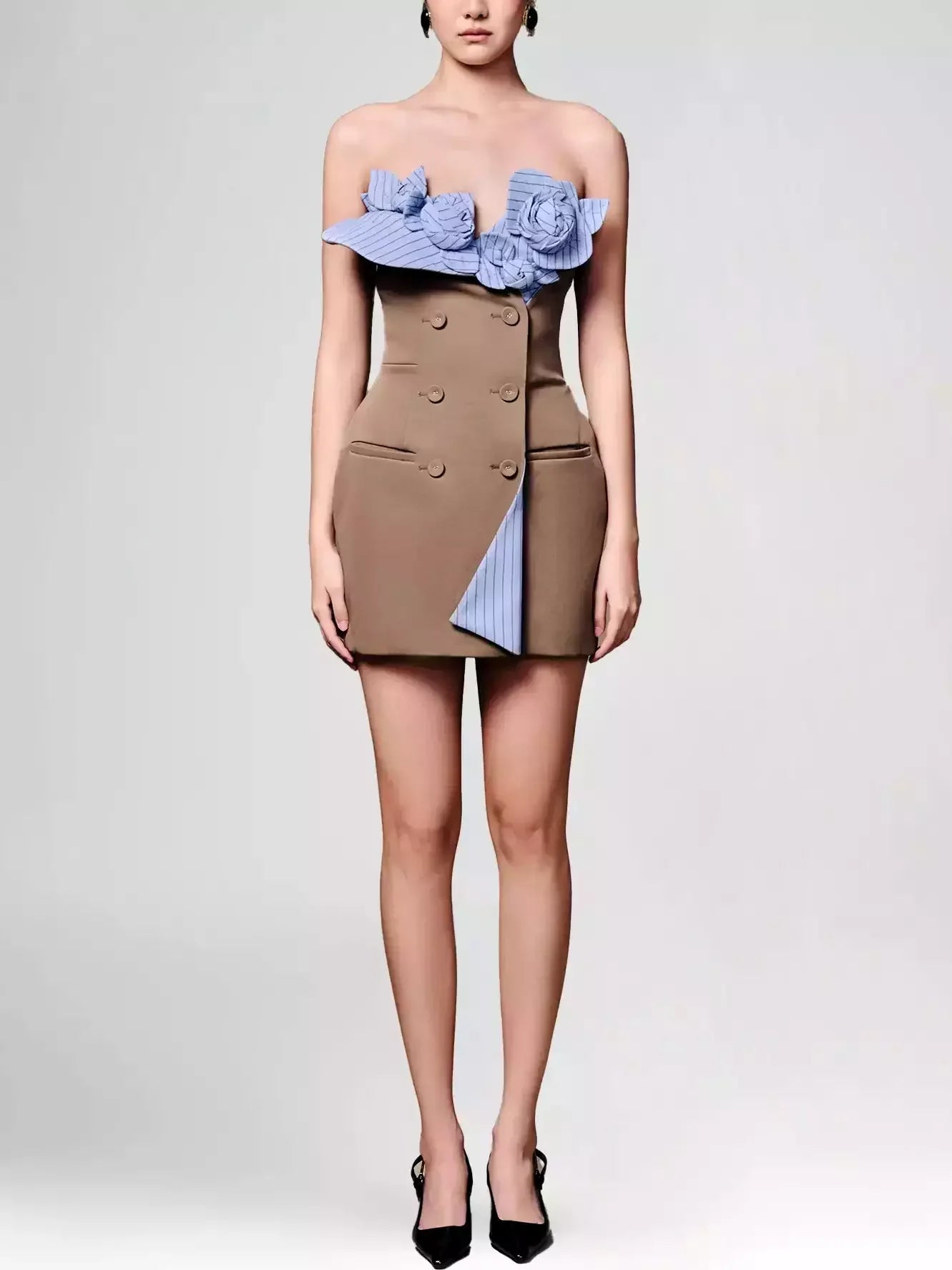 Blue Rose-Appliques Pinstripe-Contrast Brown Mini Dress