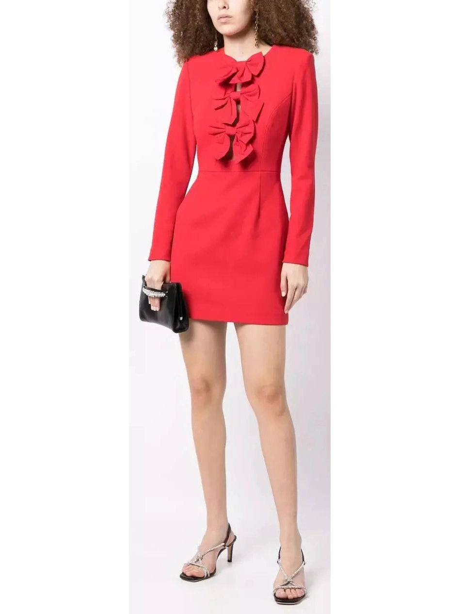 Bow-Embellished Scarlet Red Mini Dress - Branna Couture