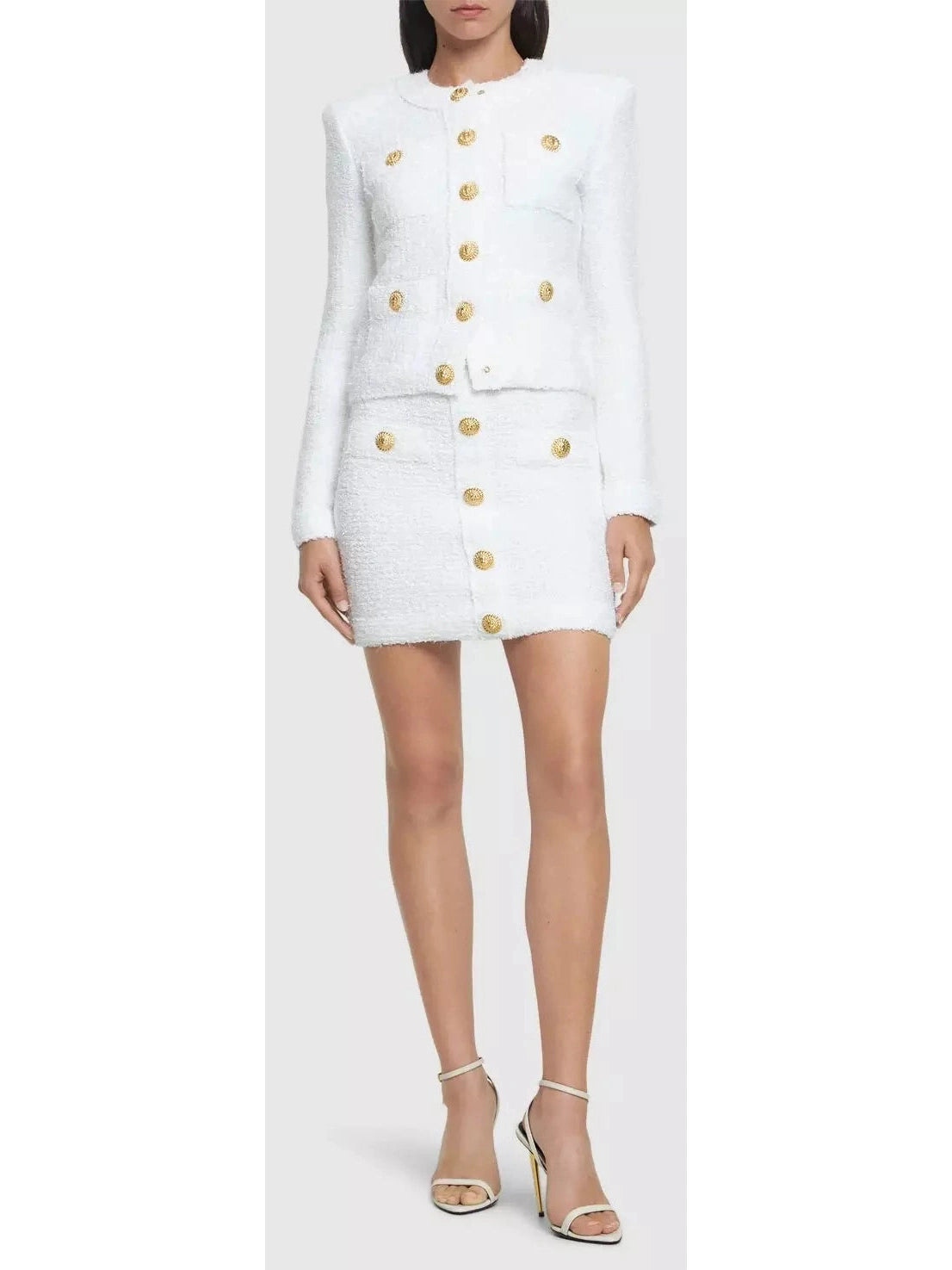 Buttoned Tweed 4-Pocket Cardigan Jacket in White with Matching Mini Skirt - Branna Couture