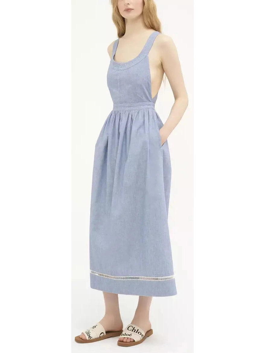 Denim Chambray Cotton Backless Dress - Branna Couture