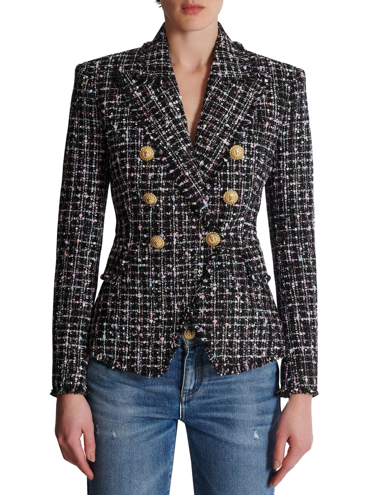 Double-Breasted Tweed Blazer with Gold Buttons - Branna Couture