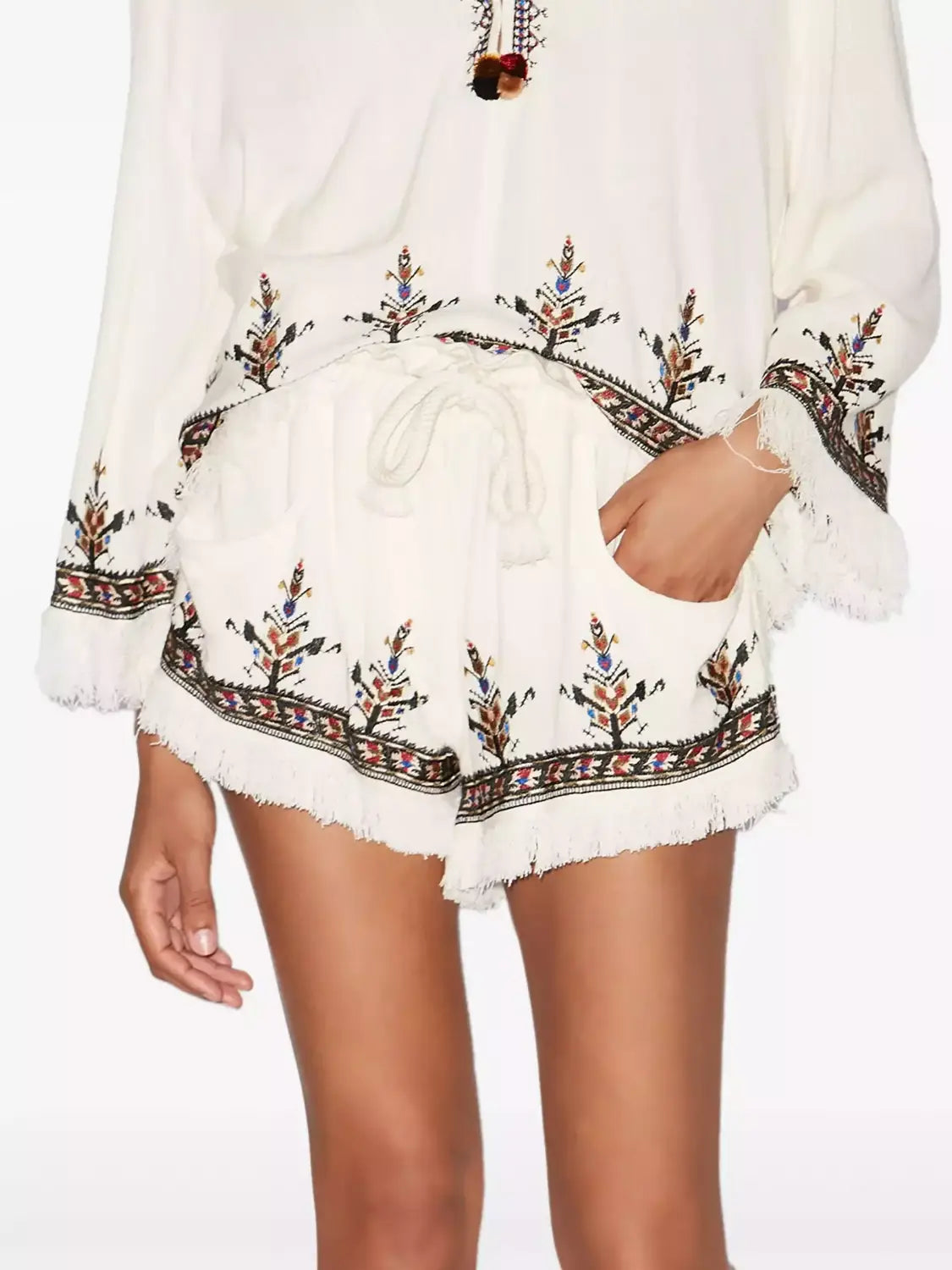 Embroidered Fringed Shorts with Braided Drawstring