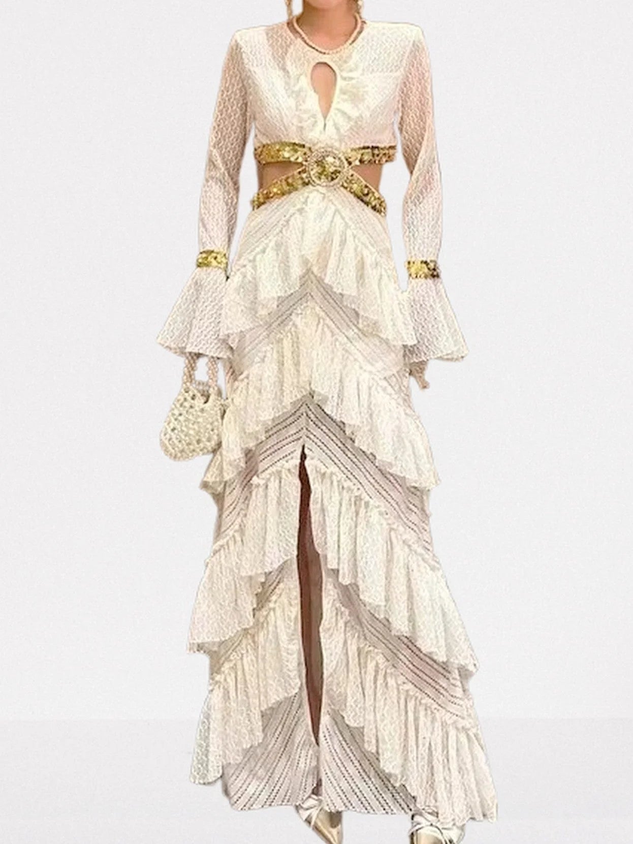 Ruffle Tiered Sequin Cut-Out Lace Gown