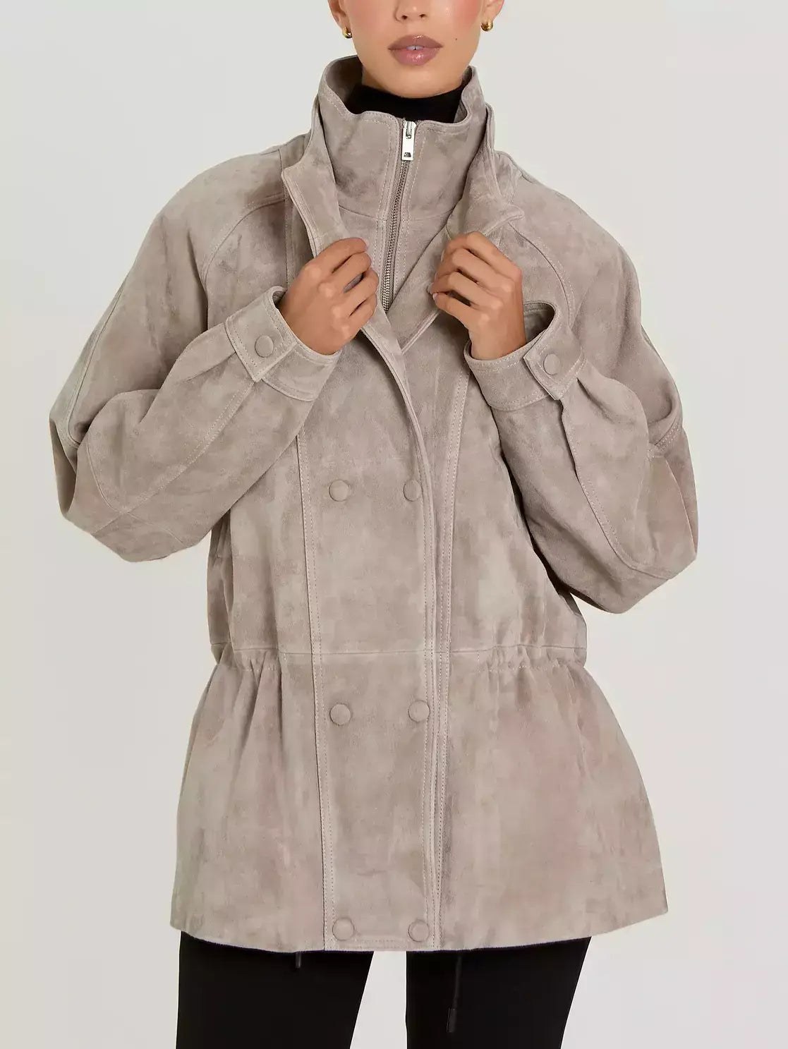 Suede Jacket with Drawstring Waist in Light Taupe