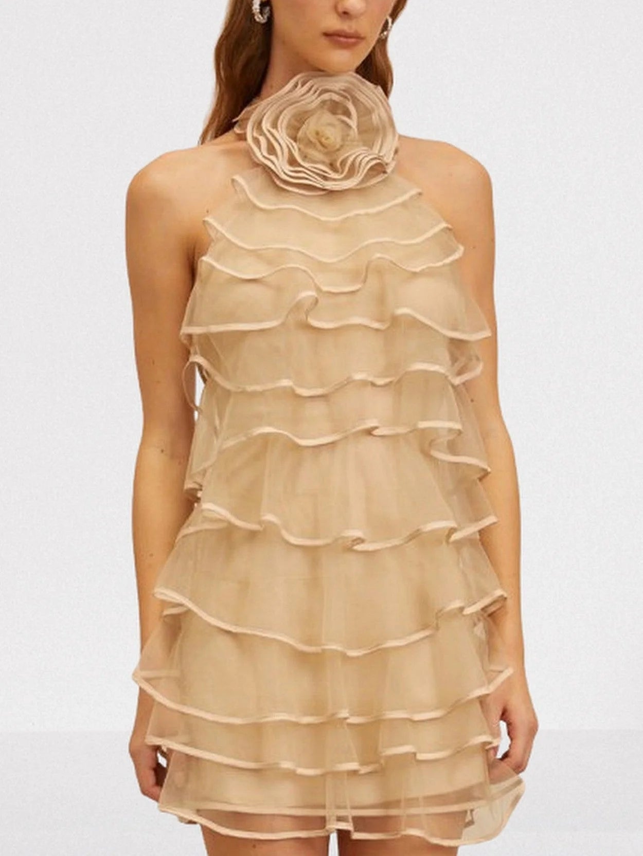 Tiered Halter Tulle Mini Dress with Floral Applique