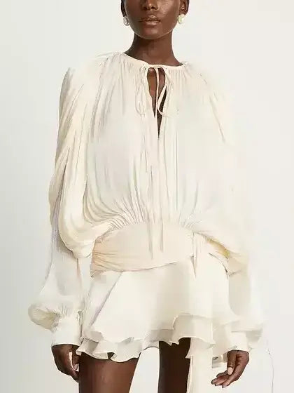 Blouson Pleated Tie-Neck Wrap Mini Tunic Dress